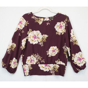 OLM Burgundy Floral Blouse Women L Boho Pleasant Long Sleeve Smock Back Waist